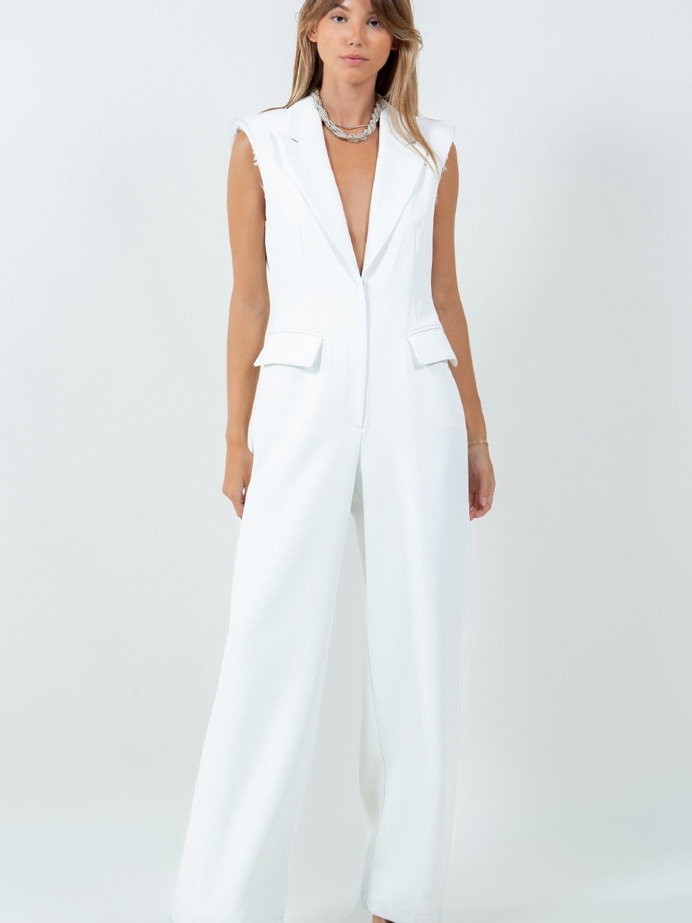 Sleeveless White Blazer Jumpsuit with Wide Leg
